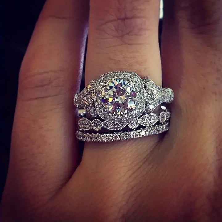 Vintage Milgrain Halo 3-Piece Bridal Ring Set, Solid S925 Silver 3-Tone Heavy Stackable Engagement Band Set
