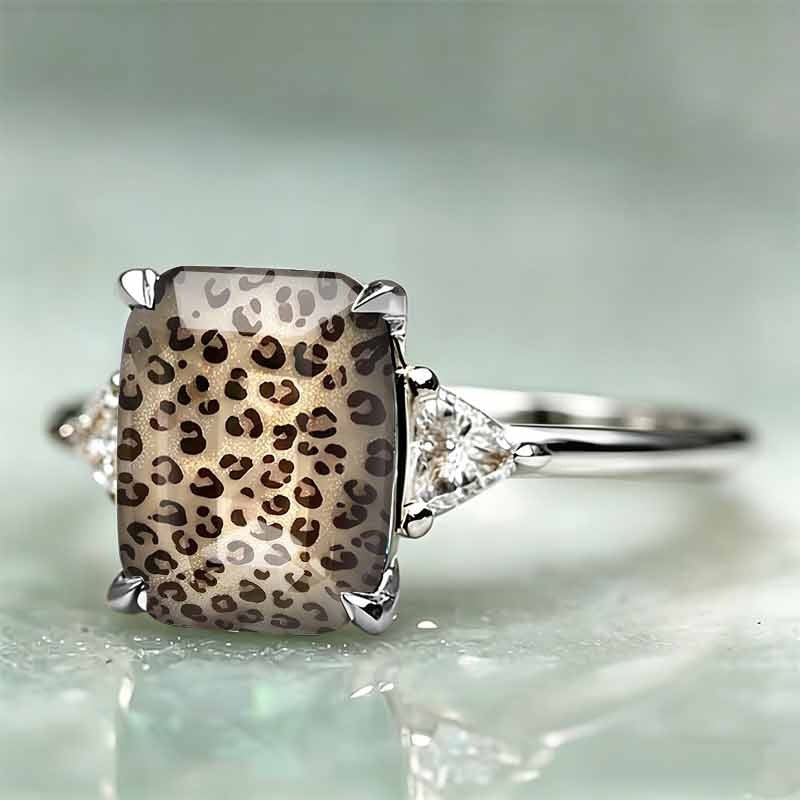 Vintage Leopard Print Rectangle Resin Stone Ring, Solid S925 Silver Gold & Silver Two-Tone Wild Trendy Unique Band