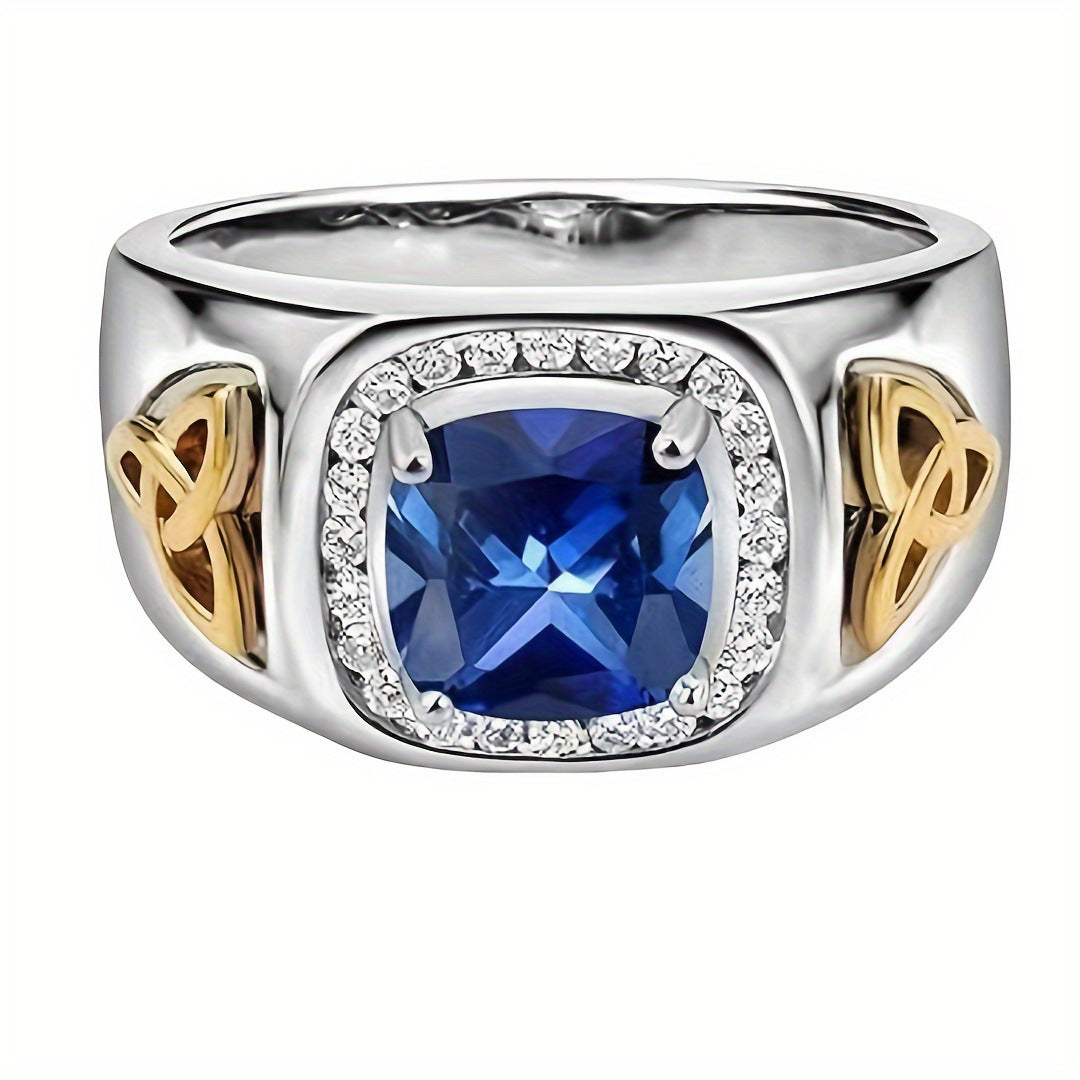 S925 Silver Two‑Tone Celtic Knot Square Gemstone Ring, Vintage Contrast Paved Wide Men Band