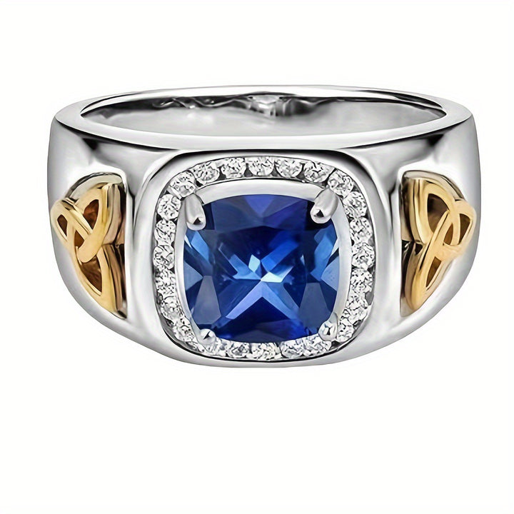 S925 Silver Two‑Tone Celtic Knot Square Gemstone Ring, Vintage Contrast Paved Wide Men Band