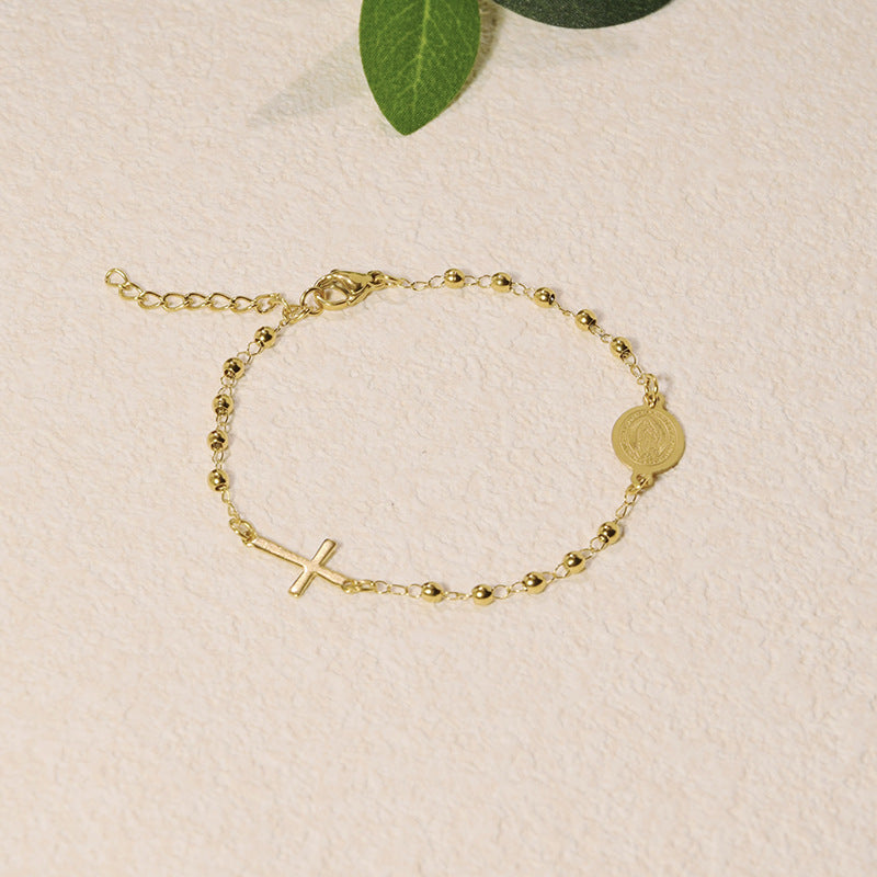 Beaded Chain Cross & Saint Medal Bracelet, Gold & Silver Minimal Religious Jewelry