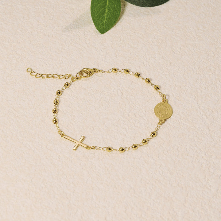 Beaded Chain Cross & Saint Medal Bracelet, Gold & Silver Minimal Religious Jewelry
