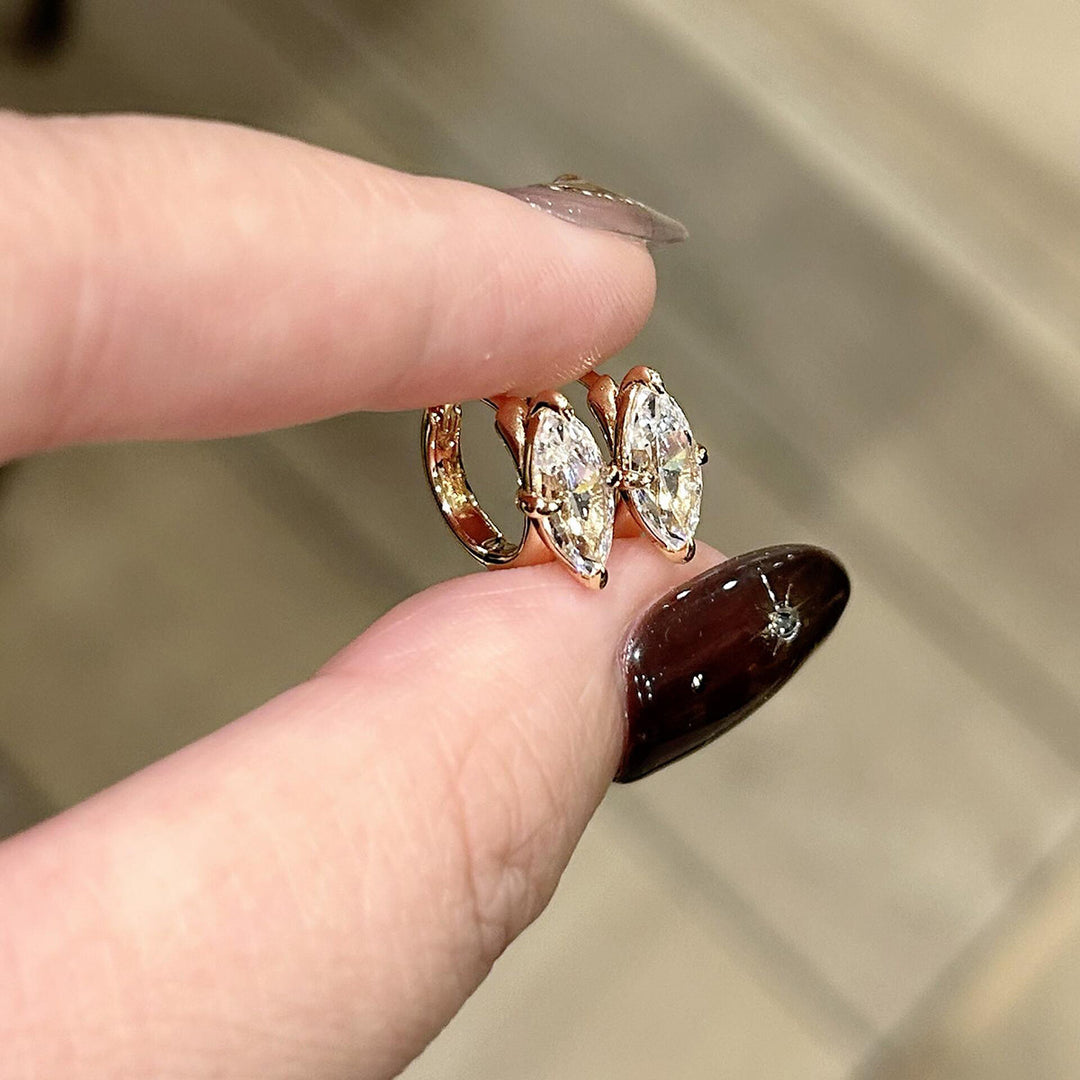 S925 Silver Marquise Cut Diamond Huggie Earrings, Minimalist Paved Hoop Earrings in Gold & Silver Two Tones