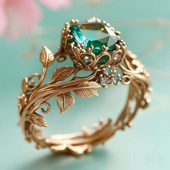 Vintage Forest Vine Emerald Ring, Openwork Leaf Carved Green Gem Band Gold Silver Black Gothic Botanical Statement Jewelry