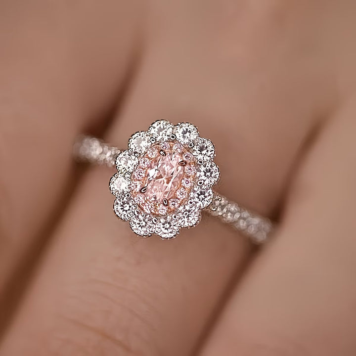 Oval Colored Gem Double Sunflower Halo Ring, Pink & Yellow Luxury Pave Engagement Band
