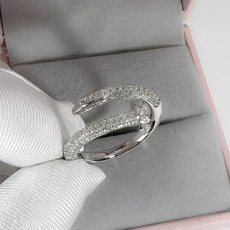 Full Pave Open Nail Shape Ring, Multi-Tone Plated Luxury Spiral Crystal Band