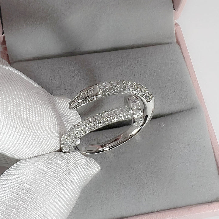 Full Pave Open Nail Shape Ring, Multi-Tone Plated Luxury Spiral Crystal Band