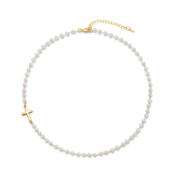 Pearl & Cross Necklace & Bracelet Set (Light Luxury Minimalist Elegance Style)