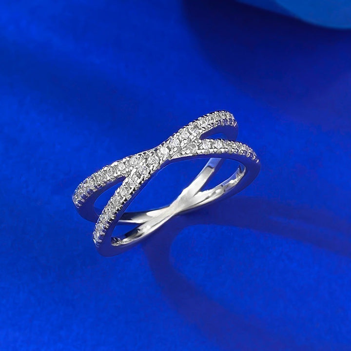 Twisted Cross Paved Diamond X Ring, Double Interlaced Micro Diamond Gold & Silver Luxury Stackable Band