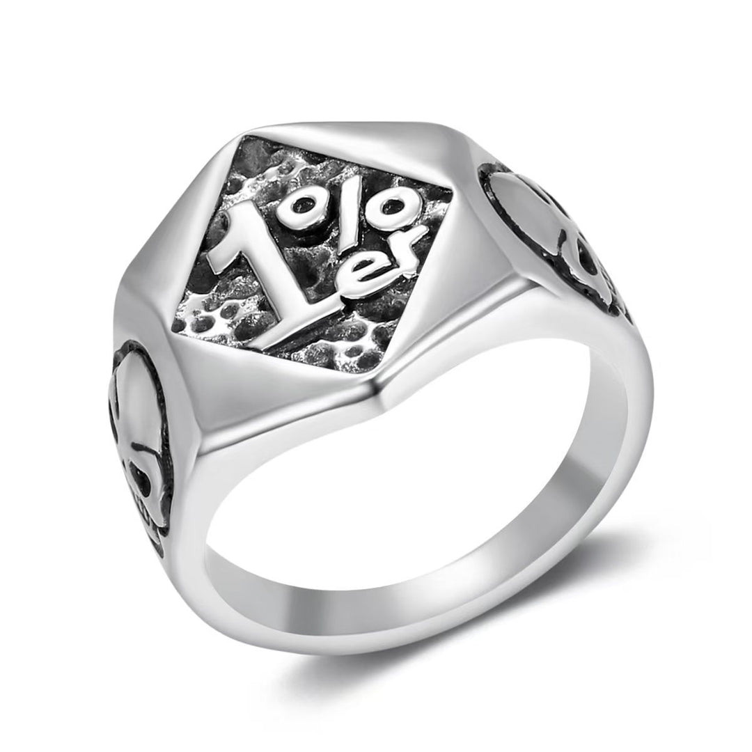 1%er Skull Vintage Biker Signet Ring, S925 Silver 14K Gold Plated Two-Tone Tough Men Wide Band