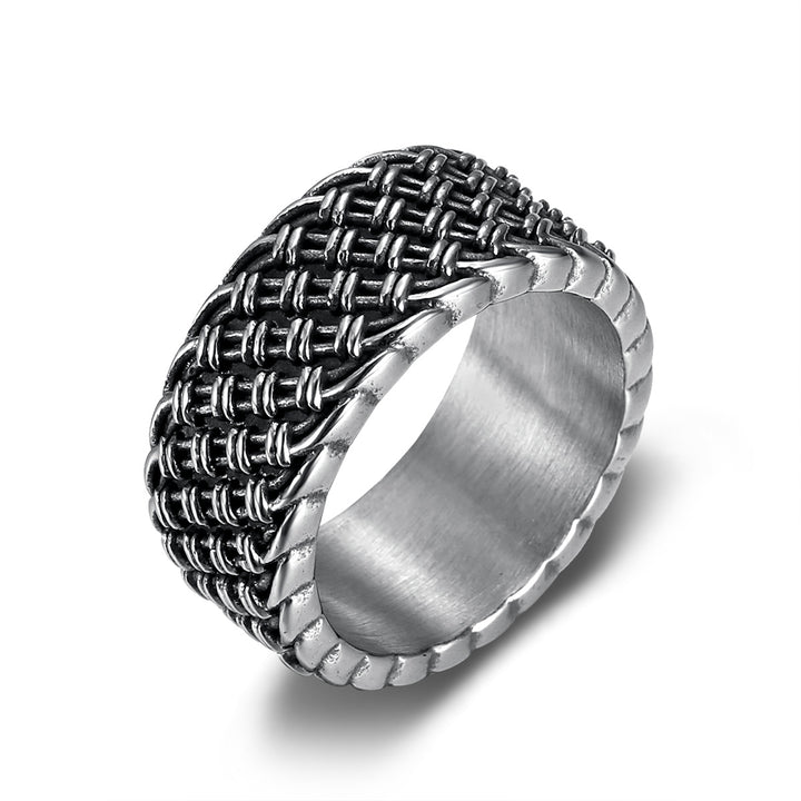 Vintage 3D Woven Texture Wide Band Ring, S925 Silver Silver & Gold Two-Tone Unisex Ring