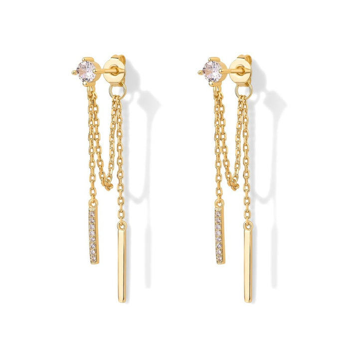 Double Chain Bar Tassel S925 Silver Stud Earrings, Minimal Long Drop Earrings Available in Gold & Silver Tone
