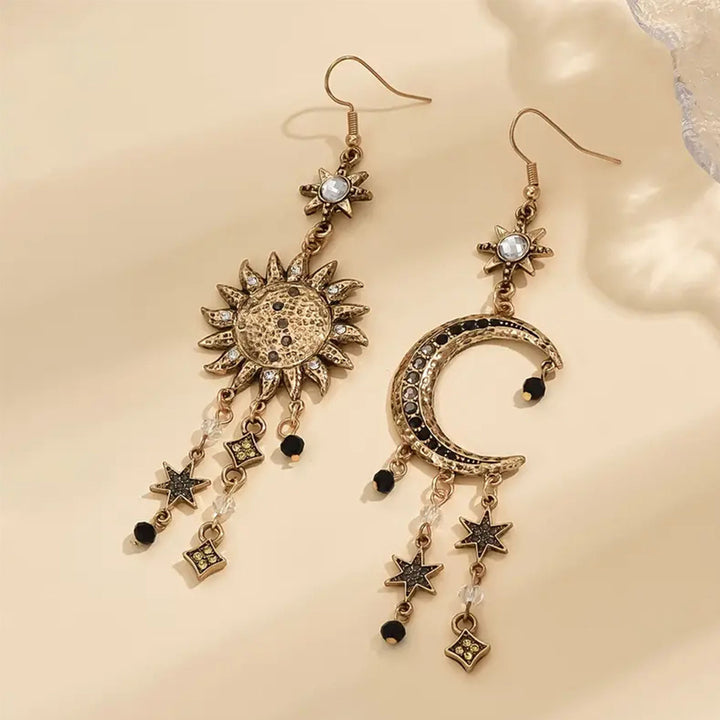 Asymmetric Sun & Moon Star Tassel S925 Silver Hook Earrings, Vintage Long Dangle Earrings with Stars & Gems, Gold / Silver / Antique Bronze Three Tones
