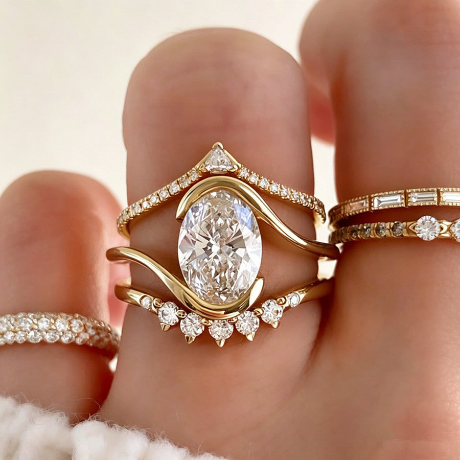Gold Oval‑Stone Wave Stackable Ring Set