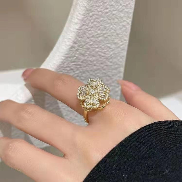 Gold Five-Petal Flower S925 Silver Ring, Luxury Full Diamond 3D Floral Ring, Elegant Inlaid Diamond Adjustable Ring for Banquet