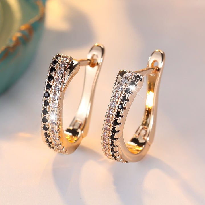 Black‑White Contrast Double‑Row Diamond Huggie Earrings, 3‑Color Options