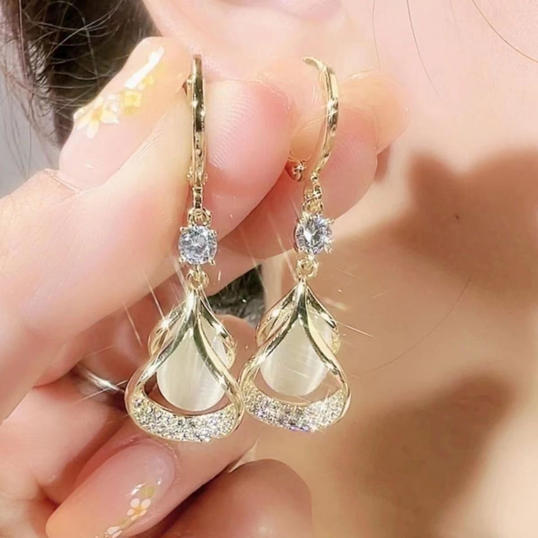 Hollow Waterdrop Gem Hoop Earrings, Luxury Teardrop Gem Dangle Earrings, 3 Colors For Women