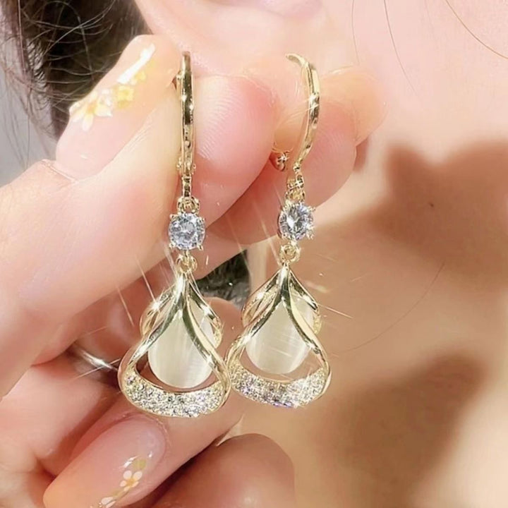 Hollow Waterdrop Gem Hoop Earrings, Luxury Teardrop Gem Dangle Earrings, 3 Colors For Women