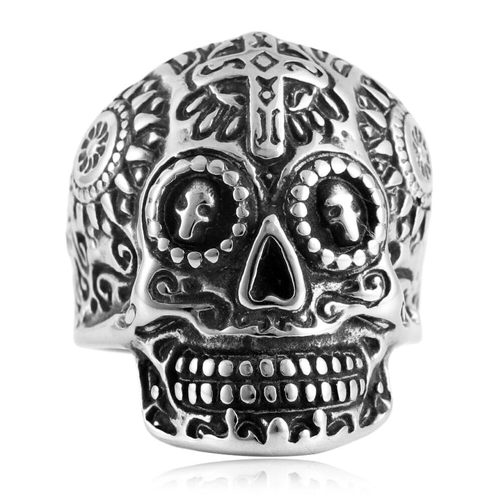 Vintage Carved Sugar Skull Cross Wide Ring, S925 Silver Antiqued Dark Alternative Band For Men