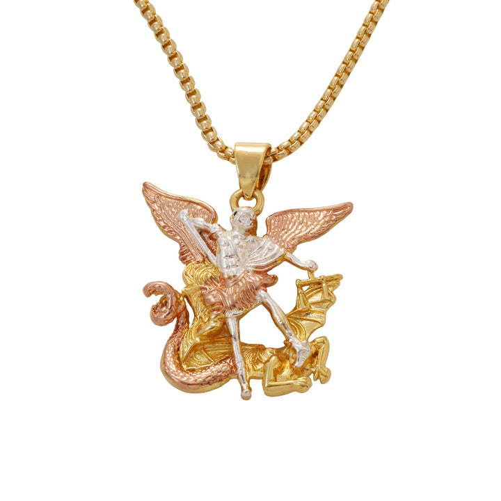Archangel Defeating Dragon 3D Relief Pendant Necklace, 3‑Tone Vintage Heavy‑Craft Men’s Box‑Chain Necklace