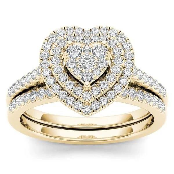 Double Heart Cluster Diamond Ring Two-Piece Set, European Luxury Engagement Wedding Ring Set Full Pave Heart Band for Women