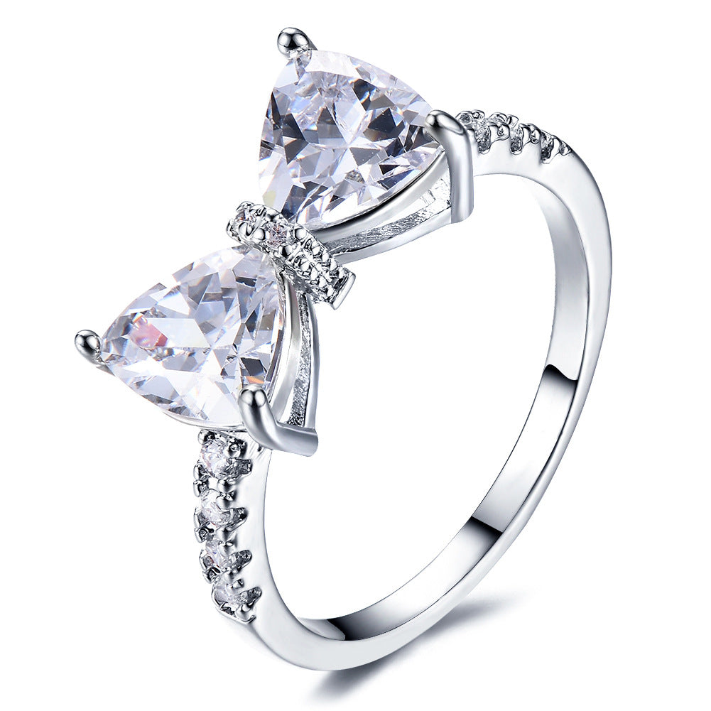 Triangle Stone Bow Pave Ring, Multi-Color Gem Silver/Rose Gold Luxury Feminine Band
