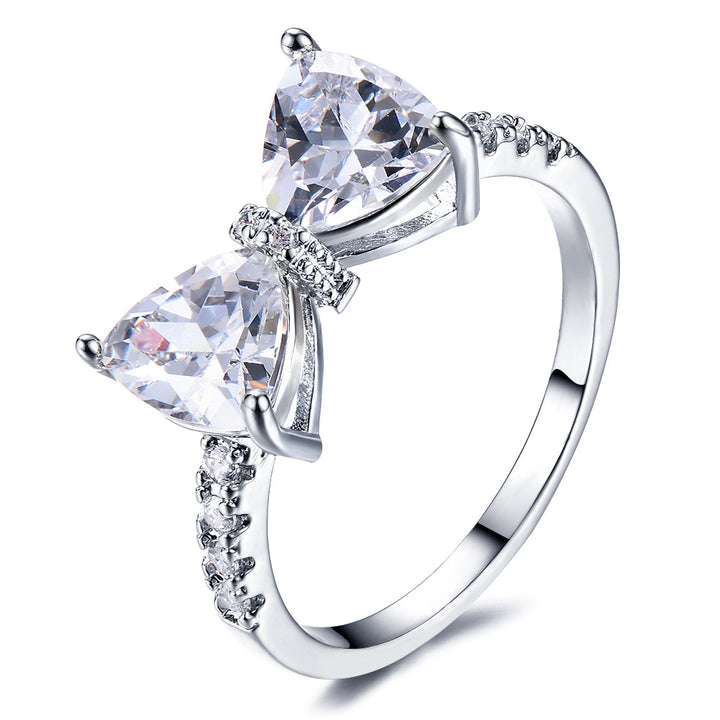 Triangle Stone Bow Pave Ring, Multi-Color Gem Silver/Rose Gold Luxury Feminine Band