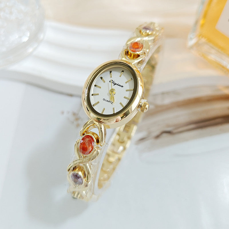 Oval Dial Colored Gemstone Bracelet Style Quartz Watch (Luxury Elegant Women's Wristwatch)