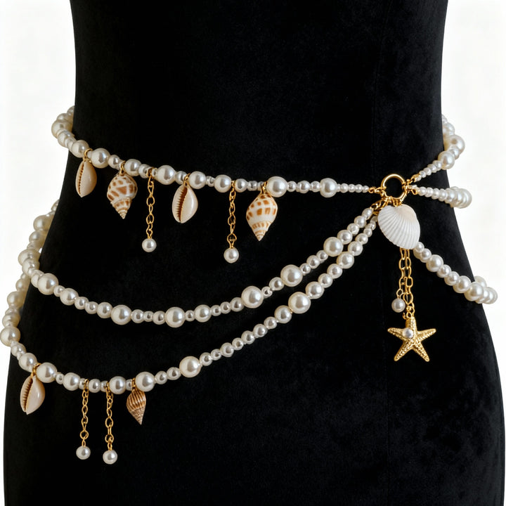 Ocean Themed Multi-Layer Pearl & Shell Waist Chain (Bohemian Beach Belt)