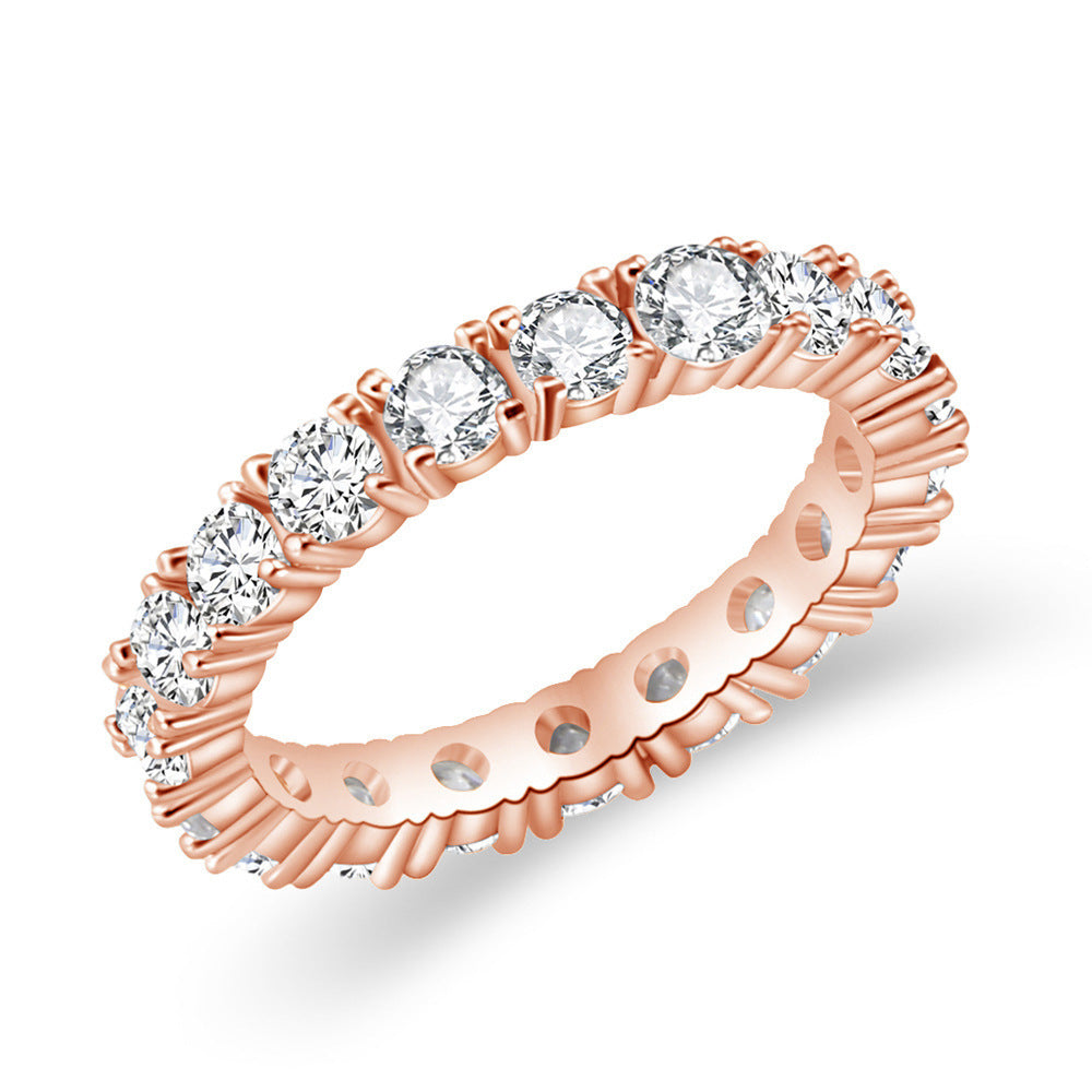 Full Eternity Diamond S925 Silver Ring, Classic Round Full Band Inlaid Diamond Ring, Gold Silver Rose Gold Three Tones Stackable Luxury Ring