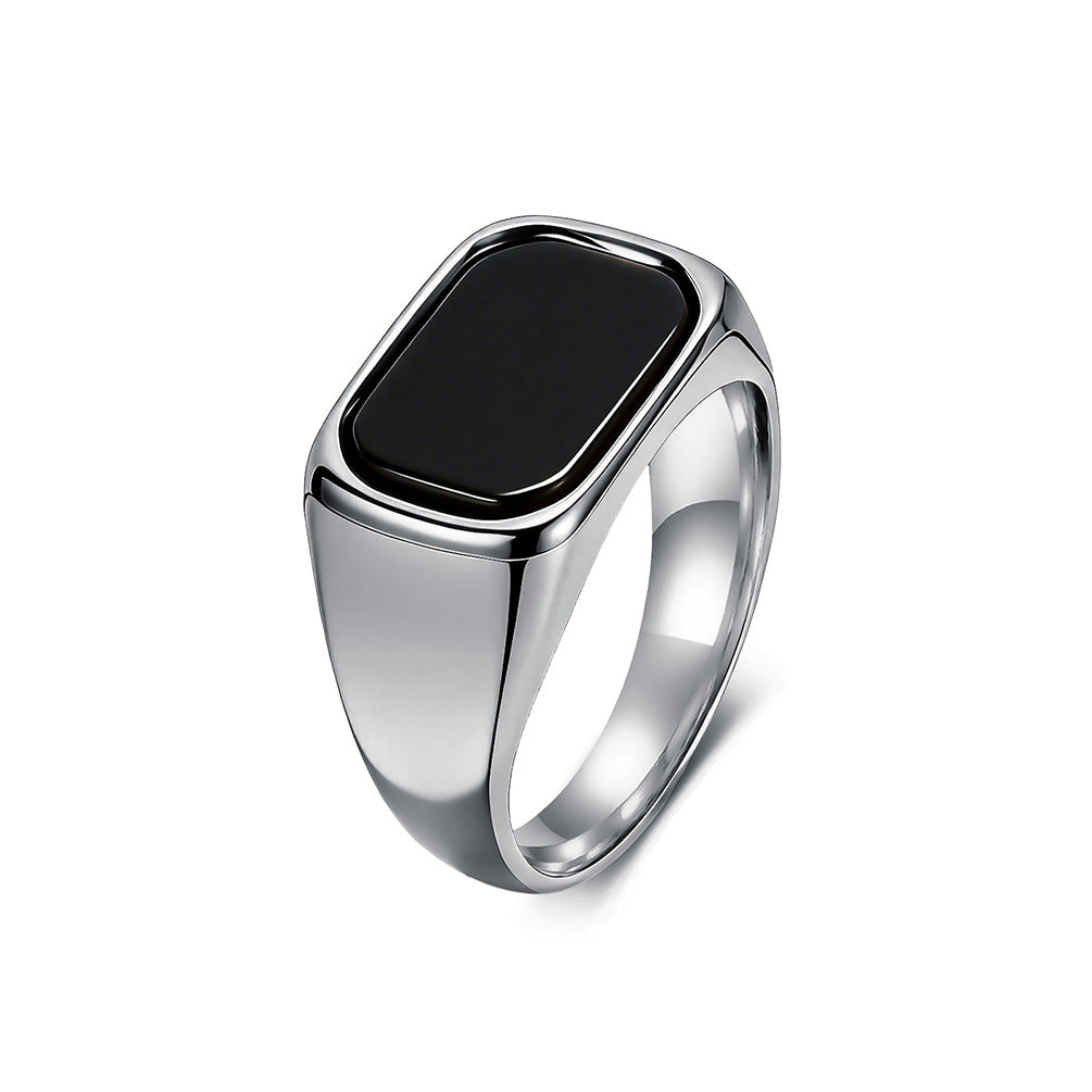 S925 Silver Square Black Onyx Men Signet Ring, Multi‑Color Minimalist Wide Plain Band