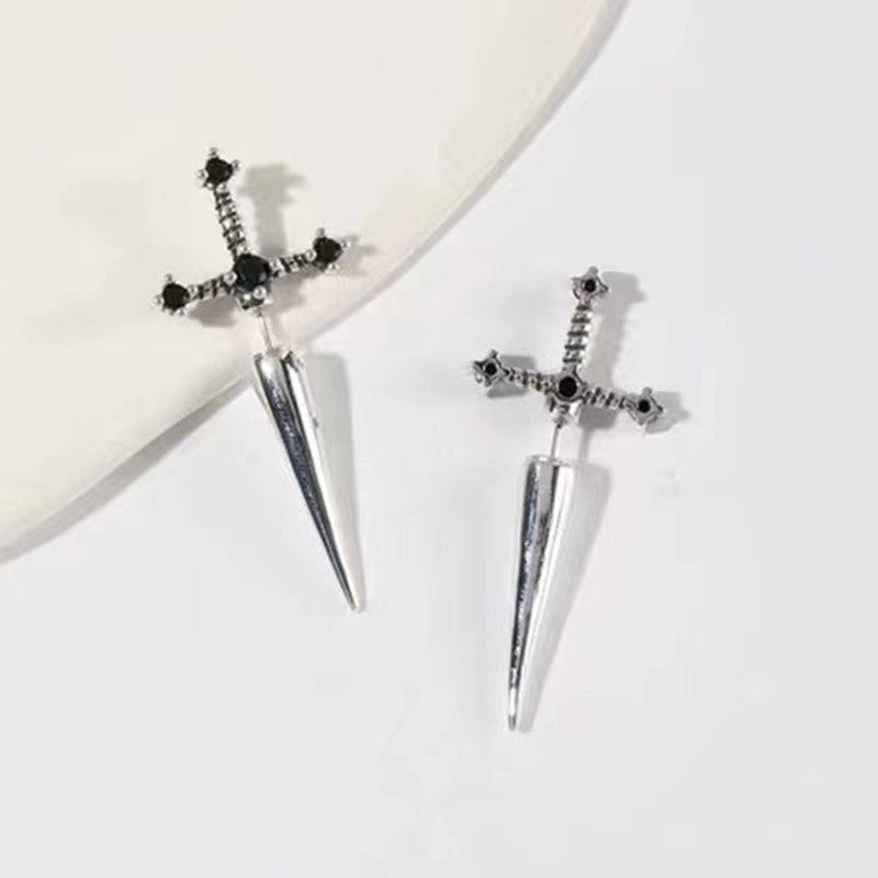 Cross‑Sword Black Diamond Stud Earrings