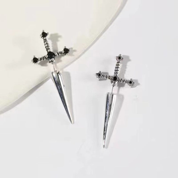 Cross‑Sword Black Diamond Stud Earrings