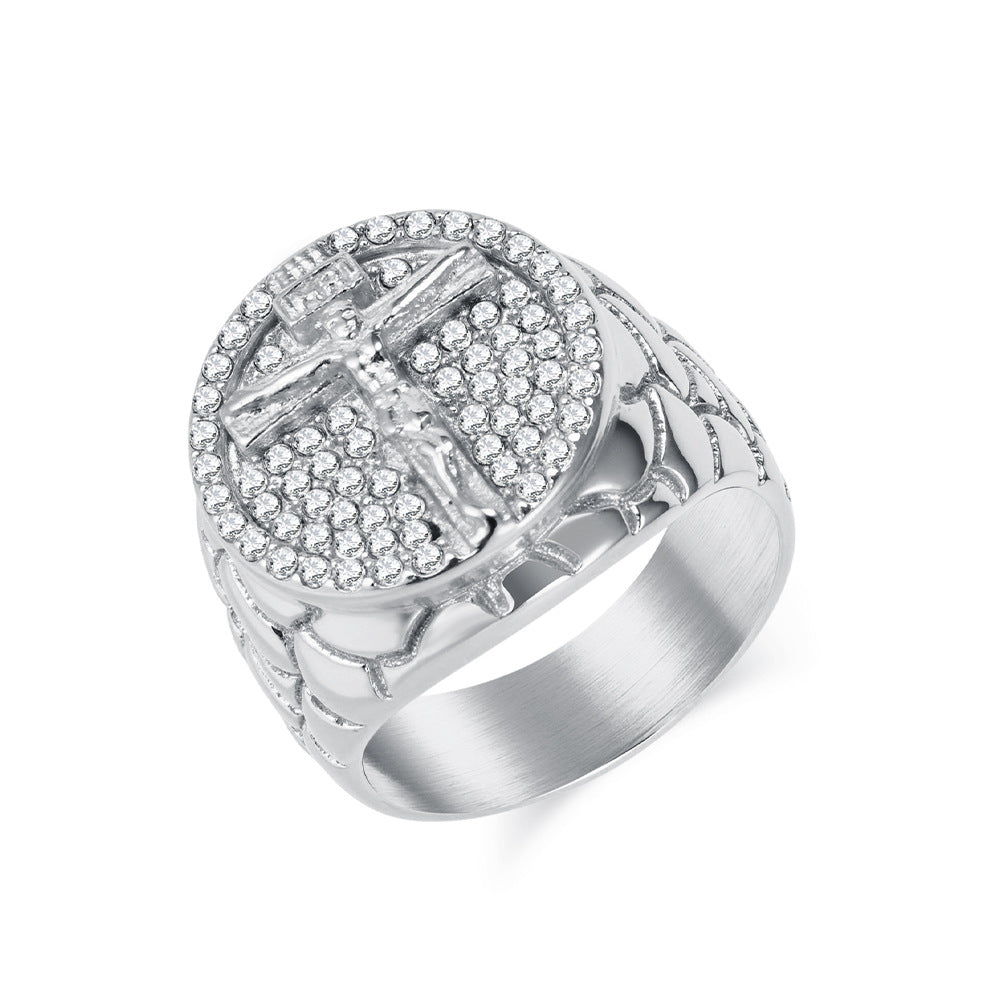 Paved Diamond Embossed Jesus Cross Signet Ring, S925 Silver 14K Gold Plated Vintage Faith Wide Band For Men, Gold & Silver Two Tones