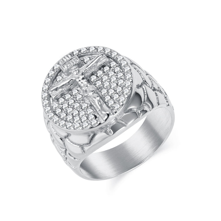Paved Diamond Embossed Jesus Cross Signet Ring, S925 Silver 14K Gold Plated Vintage Faith Wide Band For Men, Gold & Silver Two Tones