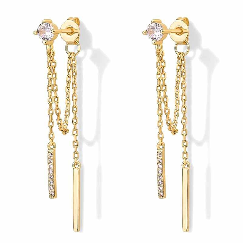 Minimal Double Chain Bar Tassel Stud Earrings, Single Crystal Asymmetrical Long Diamond Drop Jewelry in Gold & Silver