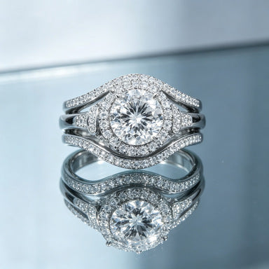 Three‑Tone Round‑Center Halo Wave 3‑Piece Ring Set