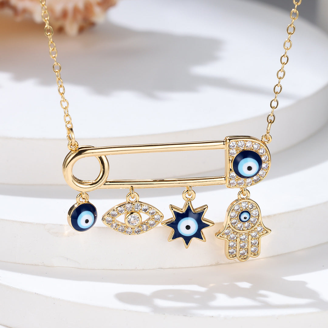 Evil Eye Safety Pin Pendant Necklace (3 Colors Turkish Inspired Choker)