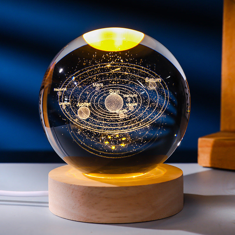 3D Laser Engraved Glowing Crystal Ball Ornament, Multi-Pattern Solid Wood Warm LED Base Night Light Gift