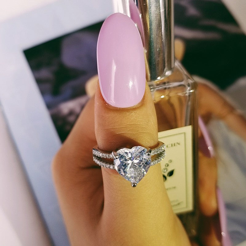 Heart-Shaped Center Stone Double Pavé Ring (Luxury Romantic Wedding Band Style Ring)