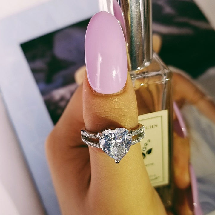 Heart-Shaped Center Stone Double Pavé Ring (Luxury Romantic Wedding Band Style Ring)