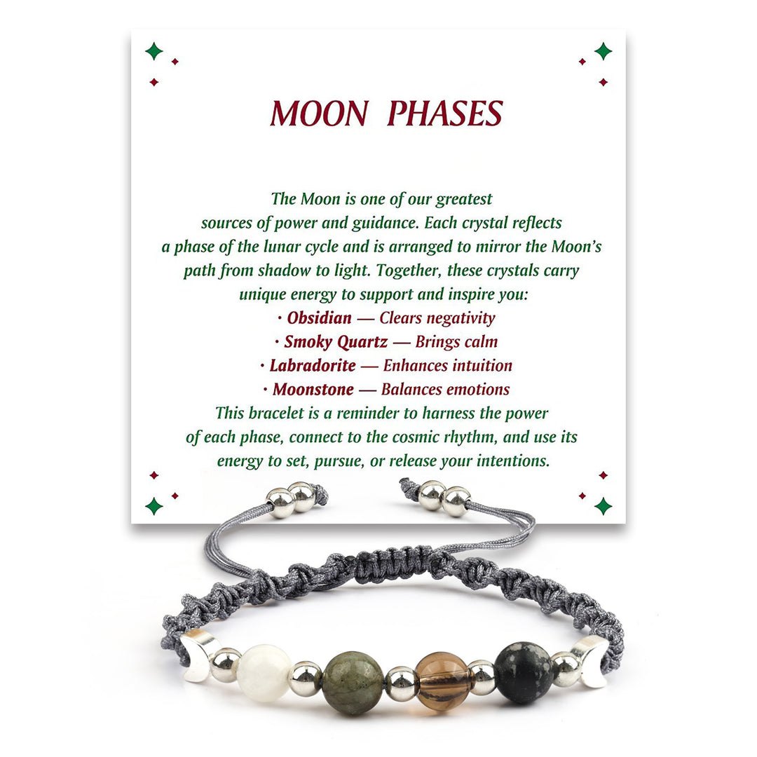 Moon Phase Natural Crystal Adjustable Braided Bracelet, Solid S925 Silver Crescent Healing Energy Stone Wristband, 2 Cord Color Options