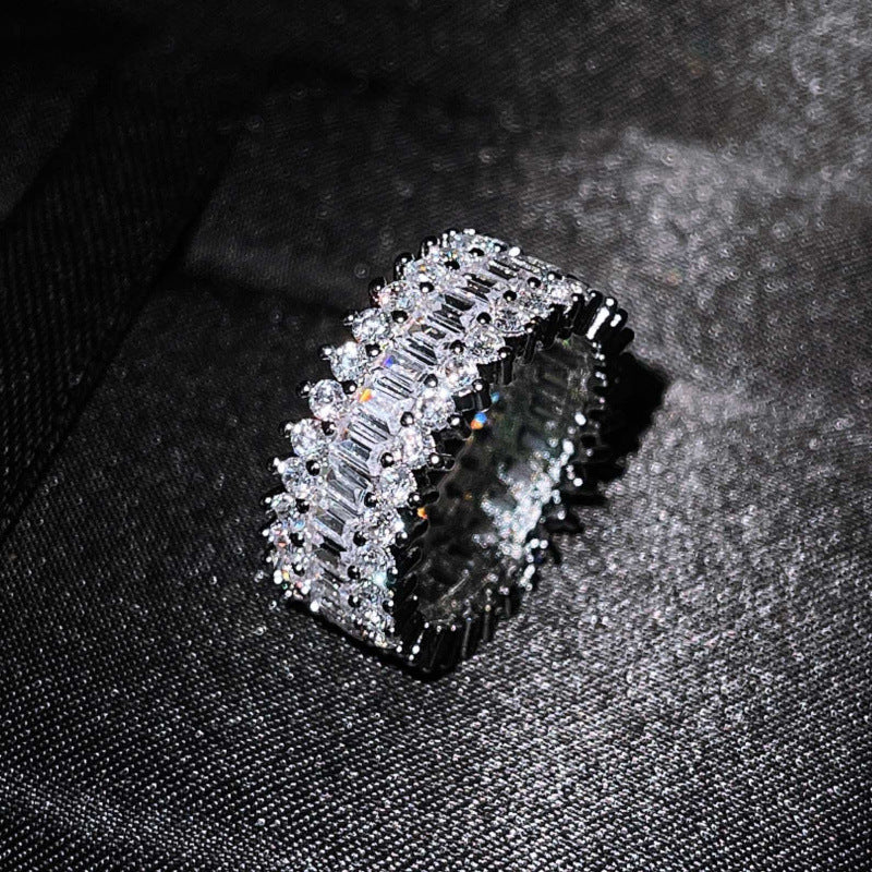 Baguette & Round Stone Full Paved Wide Band Ring, Hip Hop Iced Out Eternity Ring, 3 Colors Available