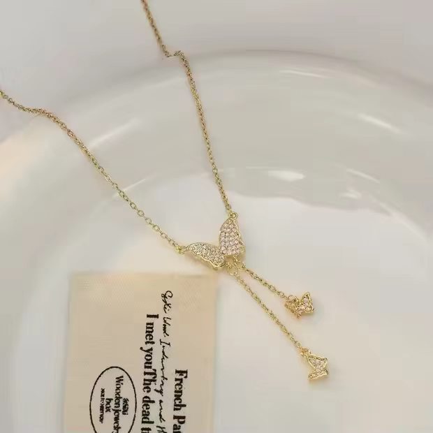 Pavé Triple Butterfly Tassel Necklace, Multi-Size Butterfly Drop Collarbone Chain, Gold & Silver Options