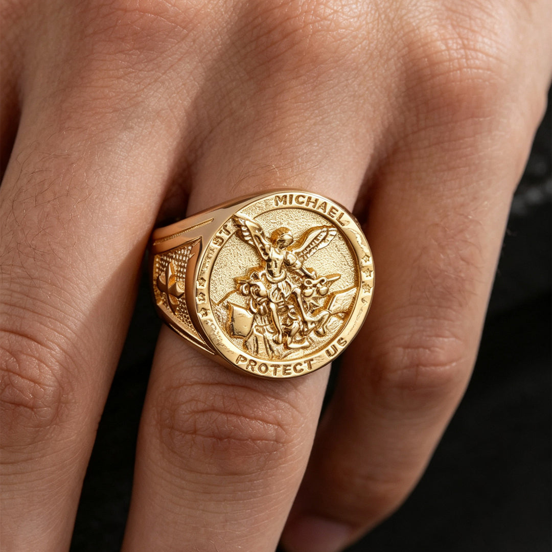 St. Michael Archangel Dragon Slayer Embossed Round Signet Ring, S925 Silver Silver & Gold Two-Tone Vintage Religious Men’s Band