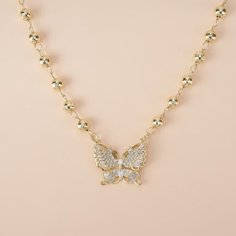 Diamond Encrusted Butterfly Pendant Necklace, Multi-Style Beaded Luxury Choker