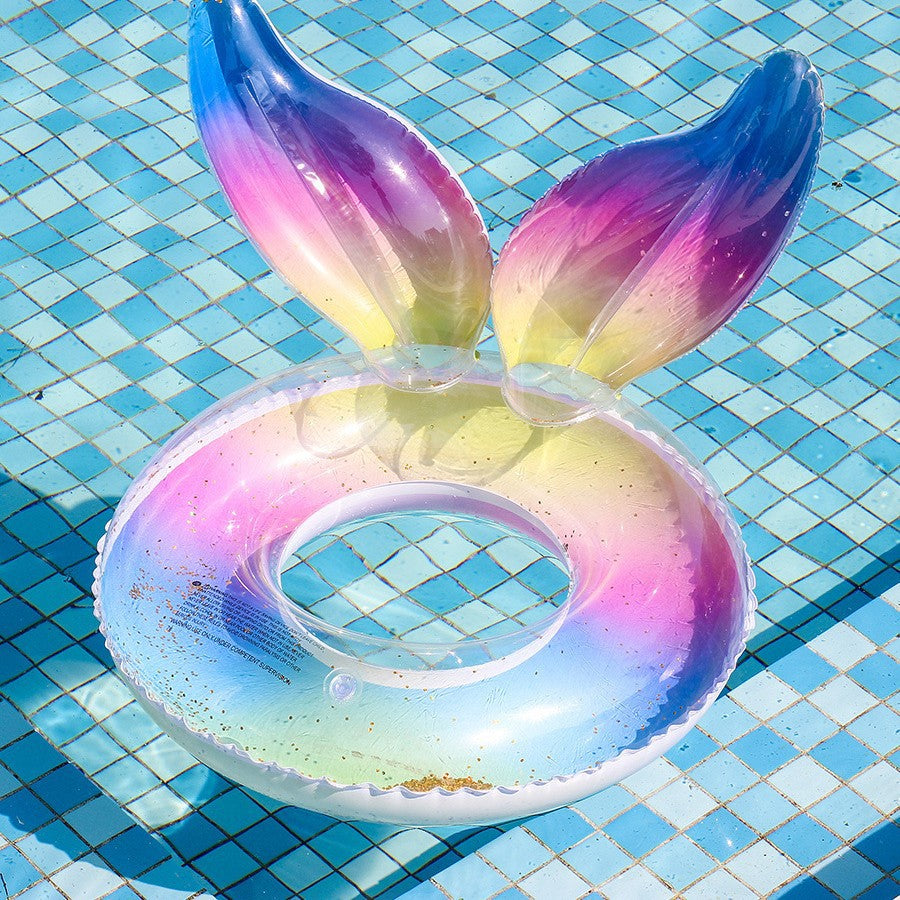 Mermaid Tail Inflatable Swim Ring, Gradient Glitter Fish Scale Print Adult Water Float for Pool Beach Photography