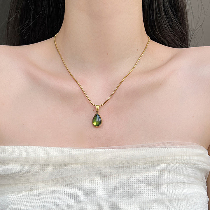 Teardrop Cat's Eye Stone Snake Chain Necklace (Multi-Color Delicate Pendant)