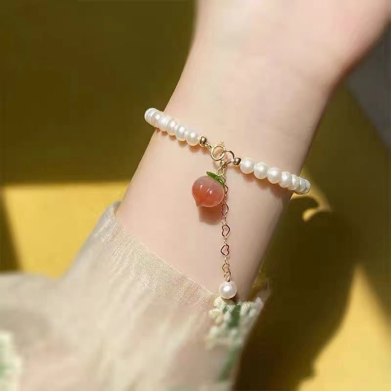 Soft Style Pearl Dainty Bracelets, Multi-Tone Peach/Tag/Coin/Red Bead/Green Jade Minimal Wrist Beads