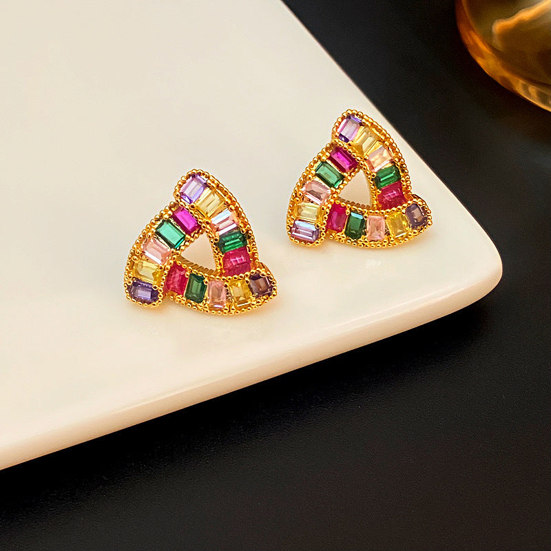 Colorful Diamond Triangle Hollow Stud Earrings, Gold & Silver Tone Rainbow Crystal Jewelry